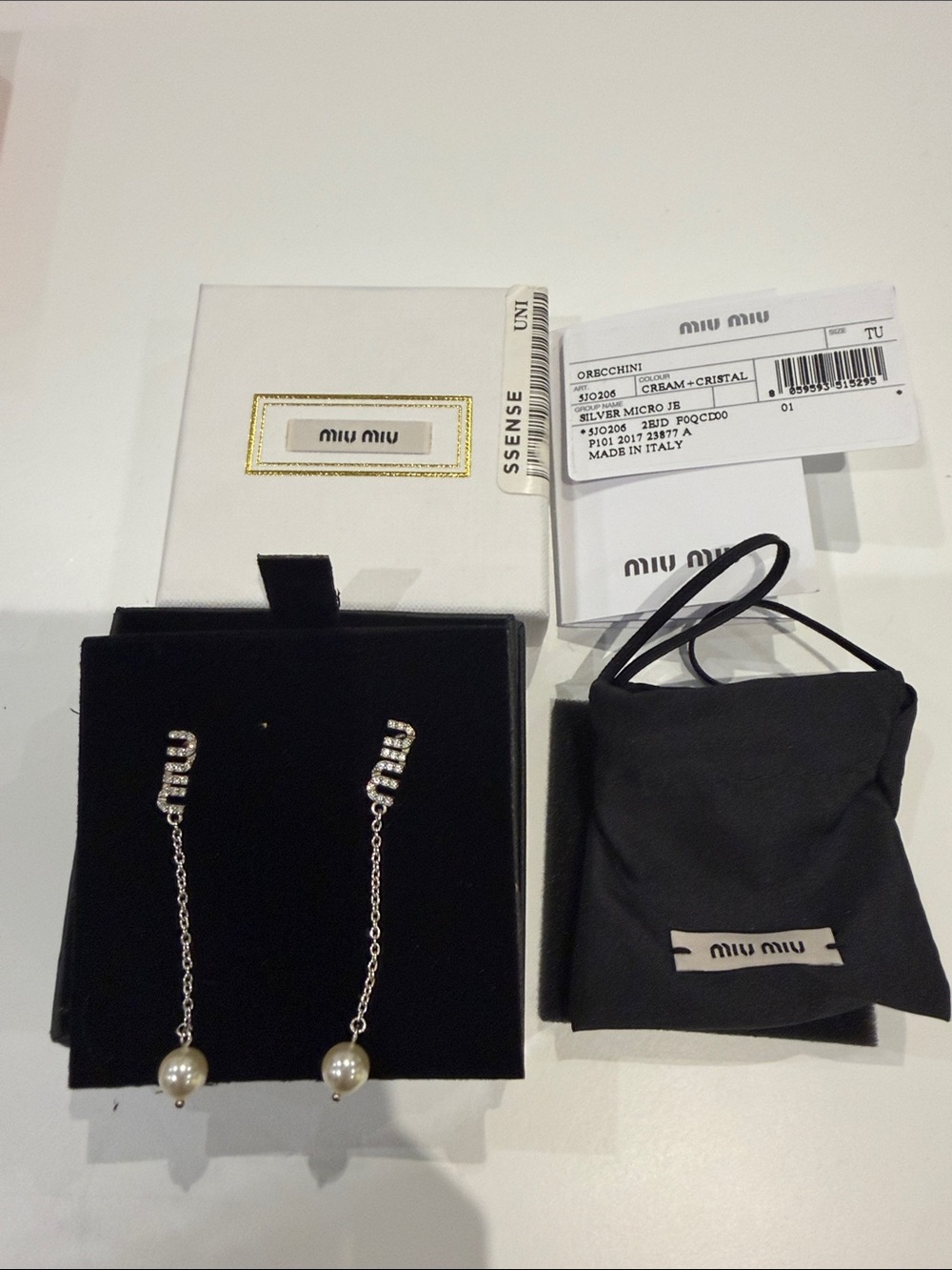 Miu Miu Silver Crystal Logo Drop Earrings with White Pearls